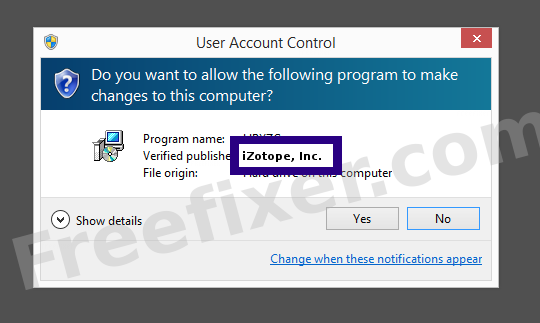Screenshot where iZotope, Inc. appears as the verified publisher in the UAC dialog